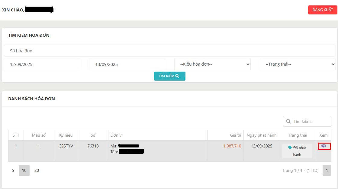 Ví dụ hướng dẫn tra cứu hóa đơn